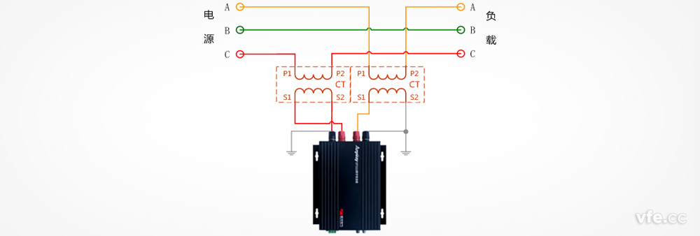 DT122數字變送器與兩個(gè)單相電流互感器測量三相電壓接線(xiàn)圖