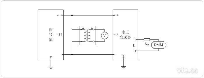電流輸出型電壓變送器(電壓互感器擴展標準表量程) 電壓校準接線(xiàn)圖 電流輸出型電壓變送器(電壓互感器擴展標準表量程) 電壓校準接線(xiàn)圖